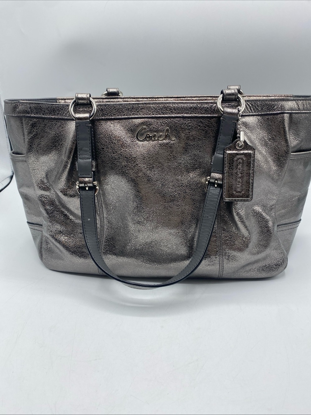 Y2K Coach Metallic Gray Leather Double Handles Zipper Closure Tote Shoulder Bag